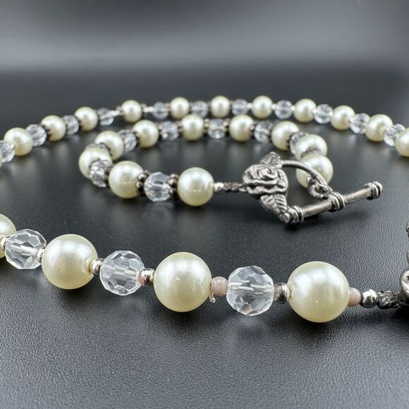 Set Faux Pearl Crystal Silver-tone Rose Toggle Necklace 16" Bracelet 7.5" - Picture 4 of 11